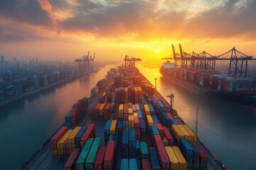 bustling shipping port at golden hour with towering stacks of colorful cargo containers massive cranes and a cargo ship docked against a hazy industrial skyline