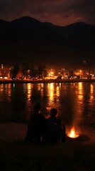 Canvas Print - Two Silhouettes Sitting by a Campfire with a Cityscape in the Background.