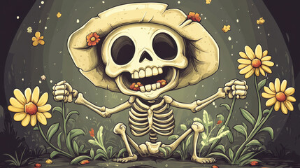 Wall Mural - Funny cartoon skeleton with sombrero and flowers illustration on dark background. Hand drawn style. Day of dead mexican carnival.