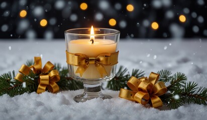 Wall Mural - Two glasses filled with garlands with a candle and a gold ribbon in the snow