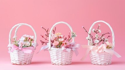 Wall Mural - three decorative baskets handmade from ribbons and decorative flowers on pink background