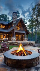 Wall Mural - Cozy Cabin with a Fire Pit and Evening Sky.