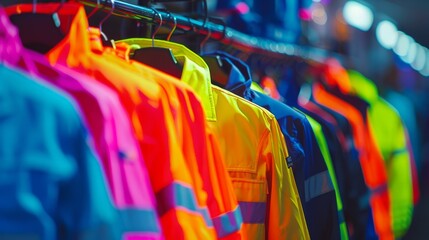 Wall Mural - A rack of brightly colored safety vests hang on a rack