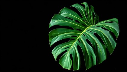 Wall Mural - Elegant dark green tropical leaf showcasing prominent veins against a striking black backdrop