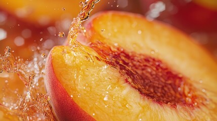 A mouth-watering close-up of a juicy peach slice with its nectar splashing, full of summer vibes.