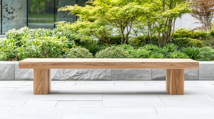 Natural oak bench with minimalist lines in a sustainable outdoor garden space, representing green design, eco-friendly oak wood, sustainable outdoor furniture