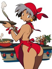 Sticker - Cartoon Woman in Red Apron Cooking on a Stove.