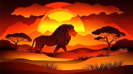 Majestic lion walks through a vibrant savanna landscape at sunset, showcasing the beauty of wildlife and nature.