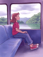 Poster - Young Woman Looking Out of Train Window at Lush Green Landscape.