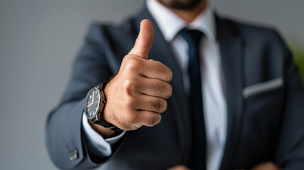 A close-up of a businessman in a dark suit giving a thumbs-up gesture, symbolizing approval and success in a corporate environment.