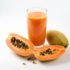 Fresh organic papaya fruit and juice in glass on white background, healthy eating concept