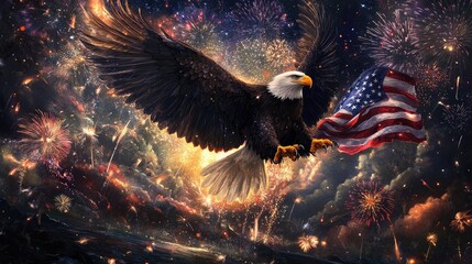 A powerful eagle swooping down, holding the American flag in its talons, as fireworks illuminate the night sky.