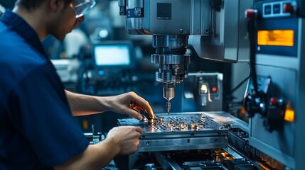 A worker operates a CNC machine, crafting intricate metal parts with high precision. 