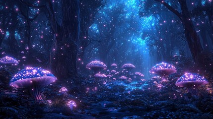 Wall Mural - Enchanting Forest Path with Glowing Mushrooms and Fireflies at Night