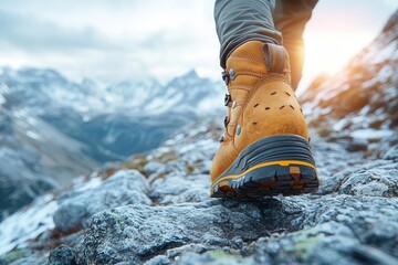 closeup of rugged hiking boot midstride on rocky mountain trail texturerich leather dynamic motion blur sunlit alpine backdrop