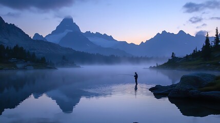 Poster - A man is fly fishing in a mountain lake.