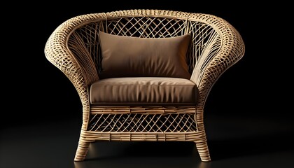 Elegant wicker armchair with a brown cushion set against a sleek black backdrop