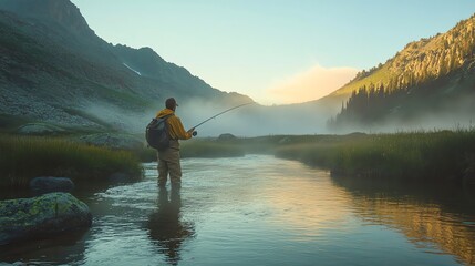 Poster - A man fly-fishing in a mountain stream at sunrise.