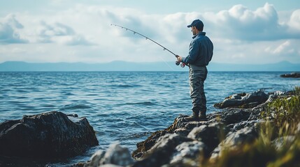 Canvas Print - A man is fishing from a rocky point on the ocean shore.