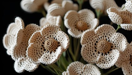 Beige crocheted flower with textured center isolated on black background, ideal for crafting and floral design inspiration