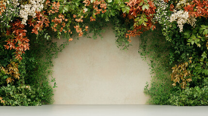 dark cream wall, green leaves hanging over the wall, brown, red and white flowers, dark cream background, green leaves on the ground, wide angle, front view, detailed, high quality, volumetric, backgr