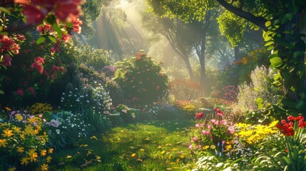 Poster - Create a scene of a sunny garden in full bloom, with vibrant flowers, lush greenery, and the sun casting a warm glow over the landscape