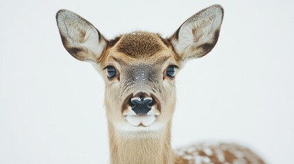 Wall Mural - Endearing close-up of a young female deer with a gentle expression, standing out against a pristine white backdrop