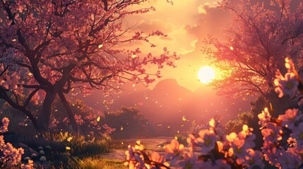 Canvas Print - Create a spring equinox scene with blooming flowers and a perfectly balanced sun, where daylight and night are of equal length in a serene setting