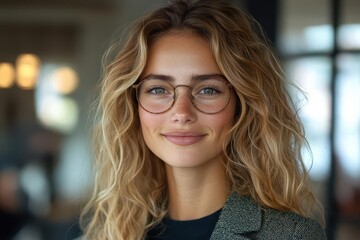 Wall Mural - confident businesswoman portrait shoulderup shot of smiling blonde with styled curly hair and glasses natural makeup wearing stylish blazer office background slightly blurred