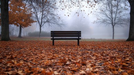 Wall Mural - Capture a solitary park bench surrounded by fallen autumn leaves, under a misty, gray sky, evoking a sense of quiet solitude in the fall season.