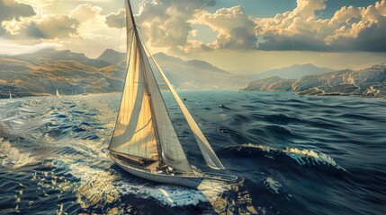 Illustrate a sailboat speeding along a coastal route, with the coastline and distant landmarks visible as the boat moves swiftly through the water