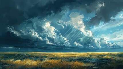 Sticker - scene where dark clouds begin to gather over a sunny landscape, transitioning from clear skies to a stormy atmosphere with dramatic lighting changes