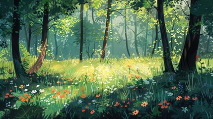 Sticker - spring equinox forest scene with equal sunlight and shadow, where new leaves and flowers thrive in a perfectly balanced environment