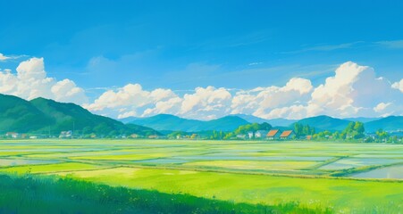 Wide View of Expansive Rice Fields in Japan with Cel Shading Under Clear Blue Skies