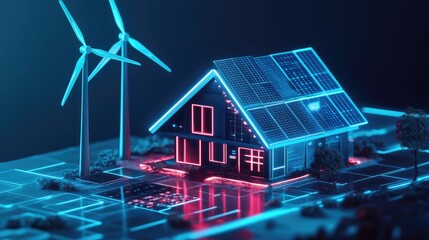 High-tech smart home with solar panels, wind turbines, and energy storage systems, glowing in a futuristic style