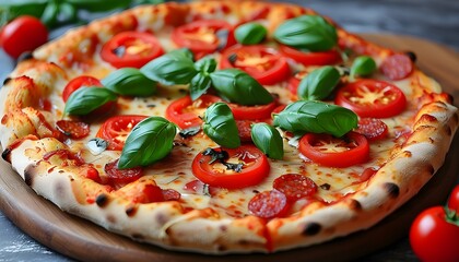 Savory pepperoni pizza topped with fresh basil and vibrant tomato slices