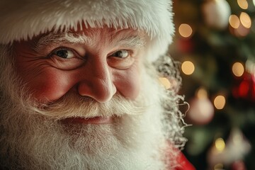 Santa Claus smiling warmly in front of a beautifully decorated Christmas tree during a festive holiday celebration