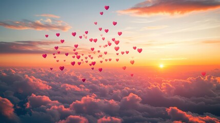 Wall Mural - a sea of pink heart-shaped balloons floating through clouds at sunset, creating a dreamy, romantic a