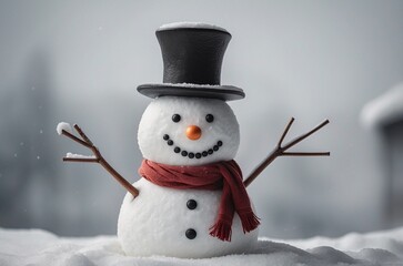 Wall Mural - Smiling snowman in a black hat, scarf and large black buttons on a light background. Minimalism style