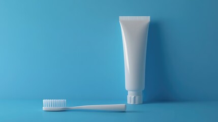 Wall Mural - Simple and clean 3D depiction of a toothbrush next to a blank toothpaste tube on a blue backdrop.