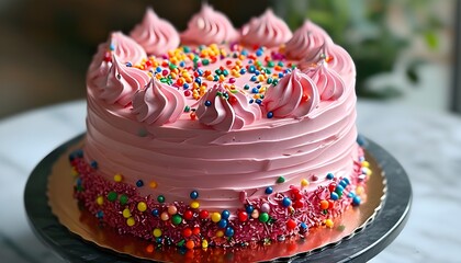 Wall Mural - Delicious birthday cake adorned with pink frosting and vibrant sprinkles, ideal for a festive celebration