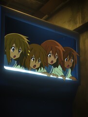 Canvas Print - Four anime girls peeking over a wall with a surprised expression.