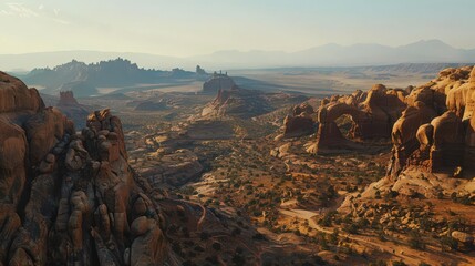 Sticker - The dramatic and rugged terrain of Arches National Park's Panorama Point, with its sweeping views of the surrounding arches and rock formations.