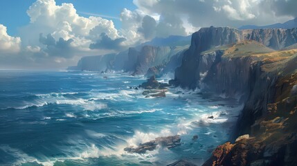 Poster - The dramatic coastline is characterized by towering cliffs and crashing waves, with rugged terrain and expansive ocean views creating a powerful natural spectacle.