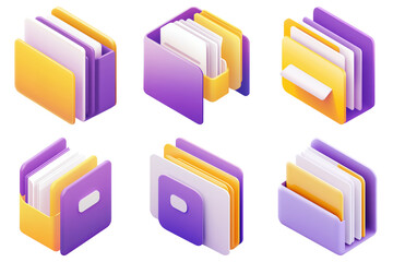 Colorful purple and yellow folder icons showcasing various designs and orientations on a transparent background. Generative ai	
