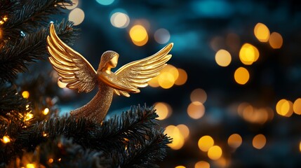 Wall Mural - Golden Angel Christmas Tree Ornament with Festive Lights