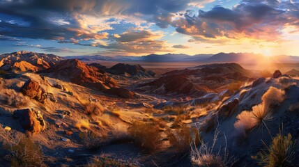 Poster - The dramatic desert view showcases a vibrant sunset casting warm colors over the rugged landscape,