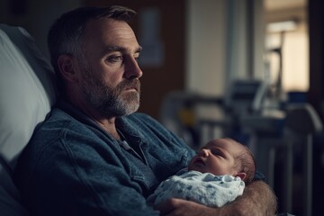 A father holds his newborn in a hospital. The scene is emotional and tender, showcasing love and connection. It captures a moment of hope and joy. Generative AI