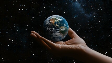 hand balancing earth on fingertips: a hand balancing the earth delicately on the fingertips, against