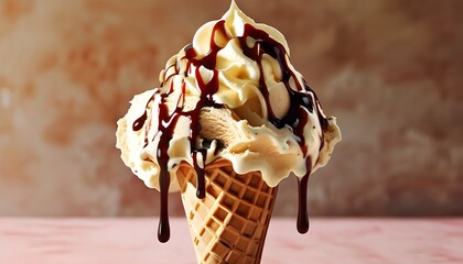 Wall Mural - Deliciously creamy vanilla ice cream cone with a crispy waffle cone and enticing melting drips